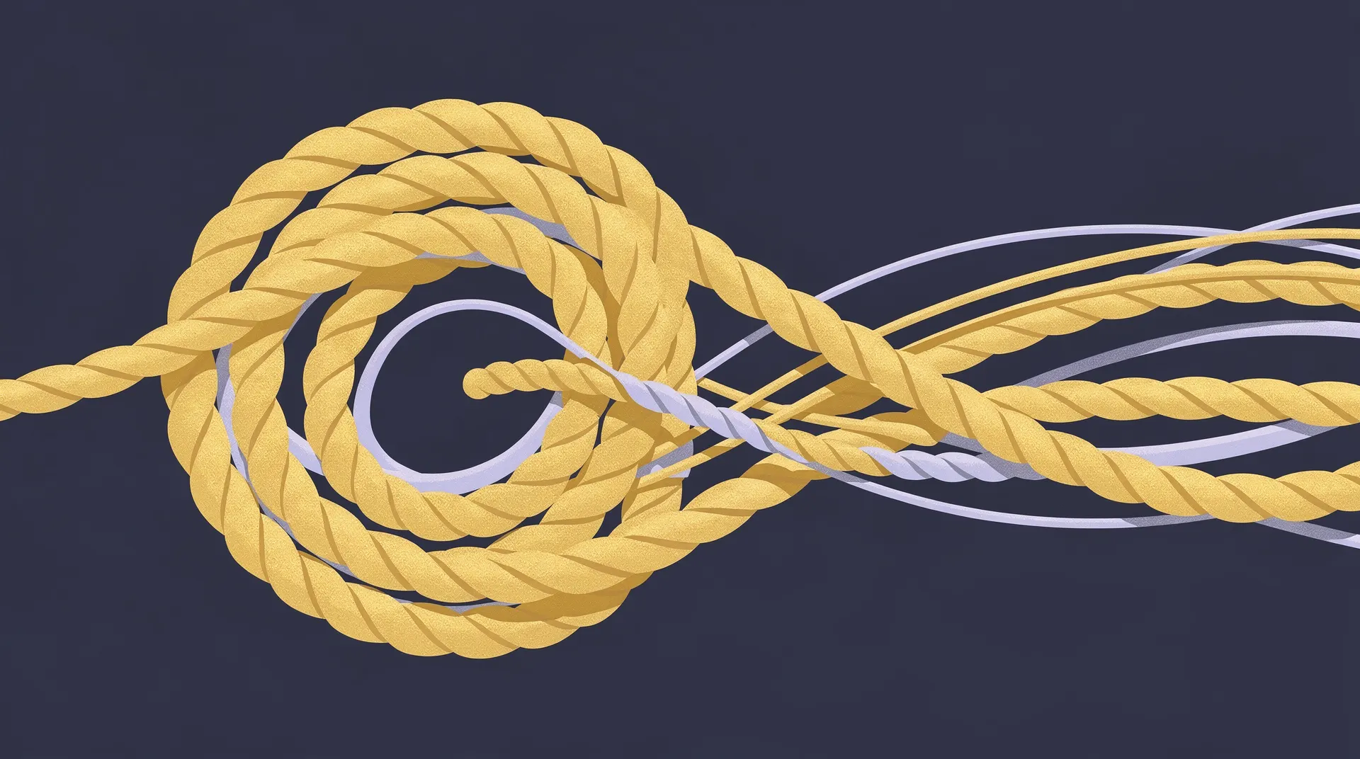 Editorial illustration of a golden rope coil unwinding into loose strands on a deep navy background