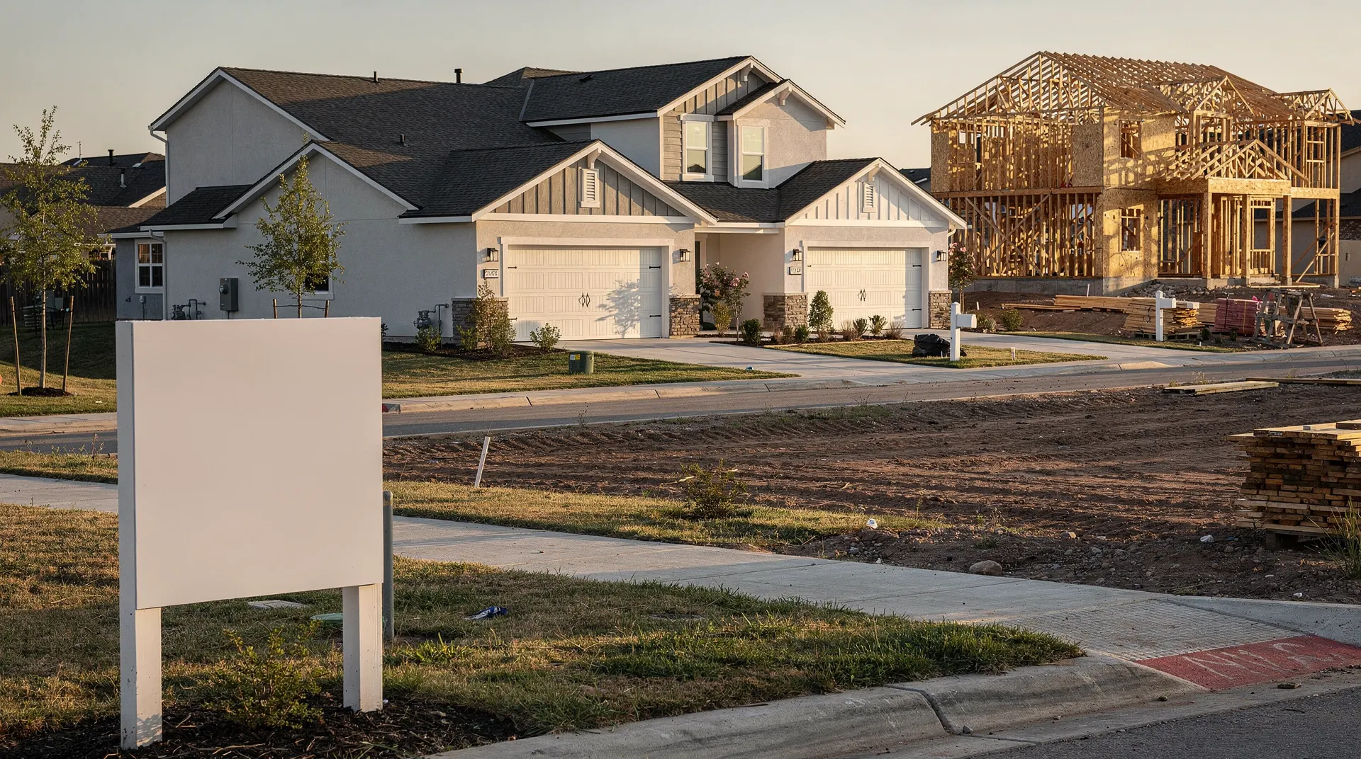 New houses line a quiet suburban street, with an empty lot and unfinished framing beyond them.