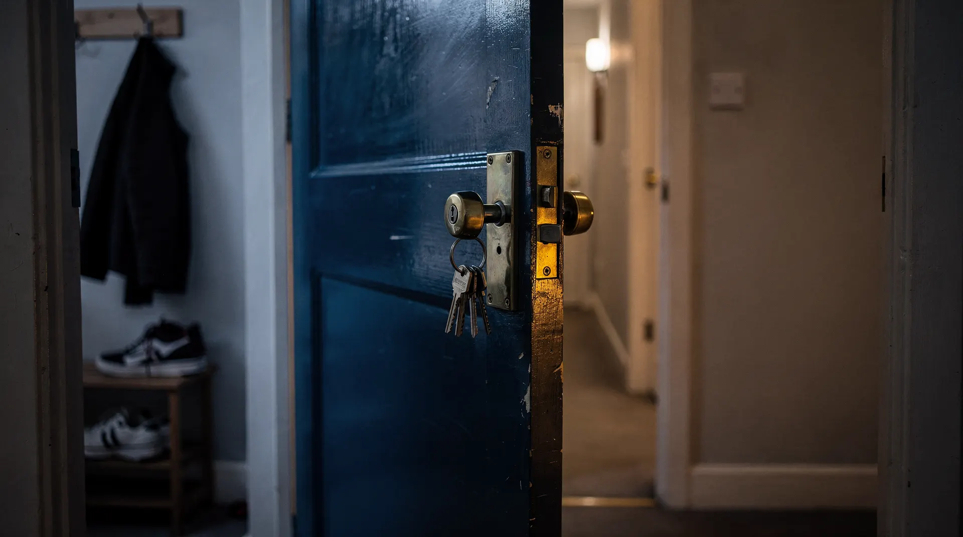 Keys rest in the lock of an open apartment door, with a moving box visible inside.